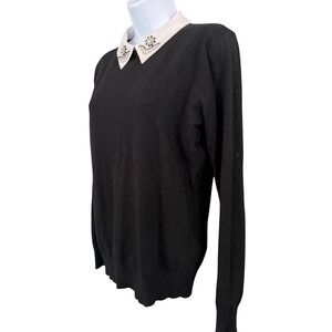Milano Embellished Collar Sweater Blouse M Black Quiet‎ Luxury Preppy Classic